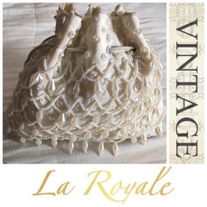 Vintage La Royale Beaded Drawstring Purse Pearl